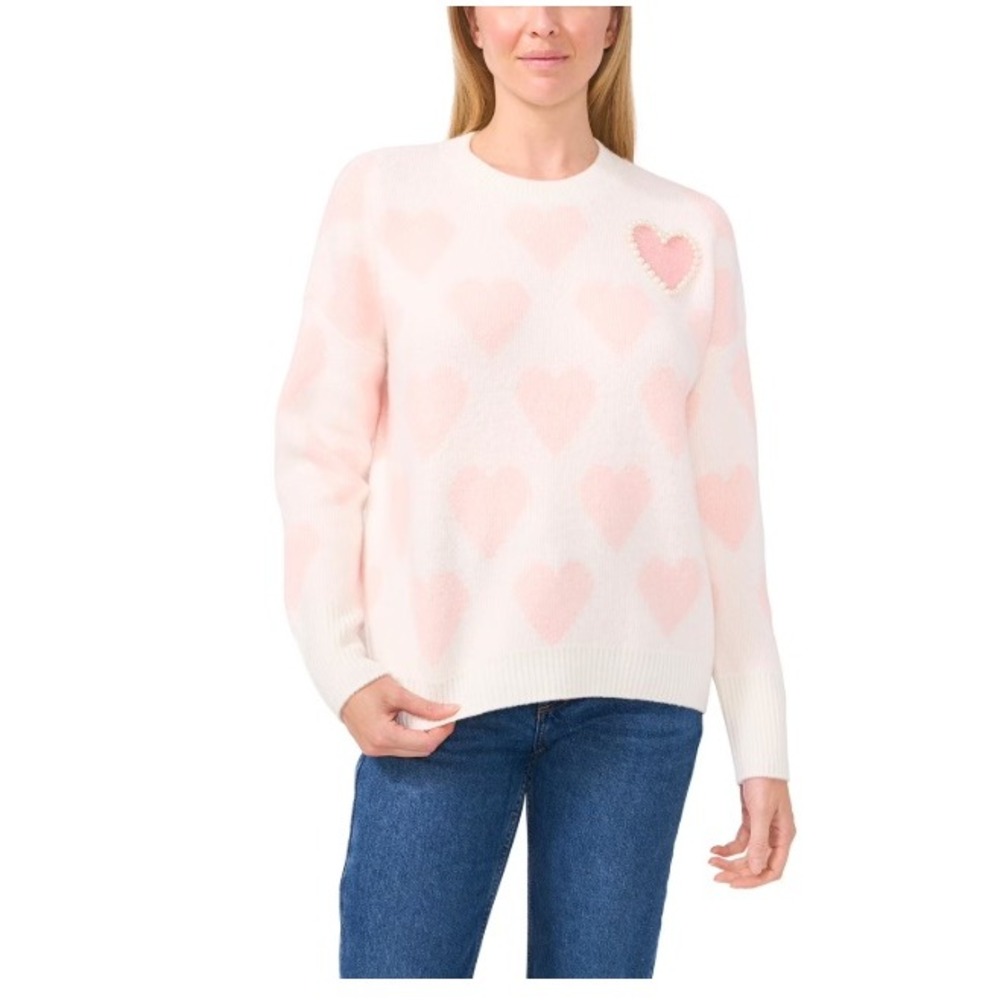 Vince Camuto Womens Size XL White & Pink Heart Sweater with Pearl Detail NWT